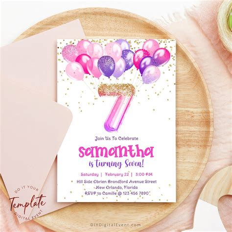 Pink 7th Birthday Invite Template Glittery Purple Pink Etsy