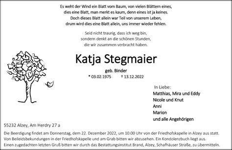 Traueranzeigen Von Katja Stegmaier Vrm Trauer De