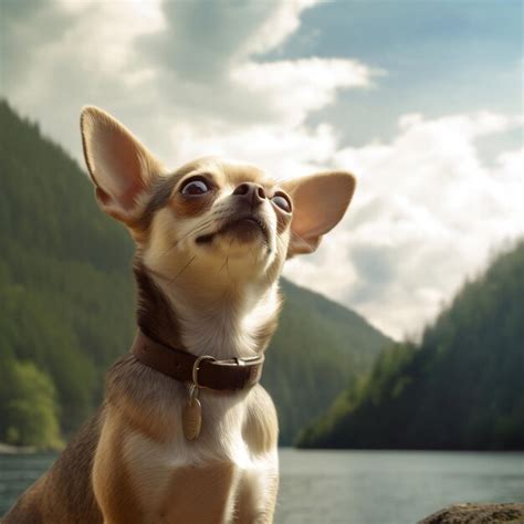 Premium Ai Image Adorable Chihuahua Gazing Upward By The Lake Generative Ai