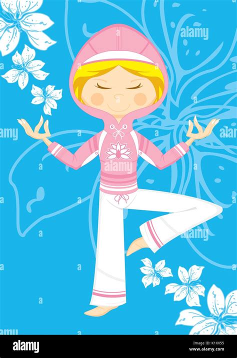 Cute Cartoon Yoga Girl Wearing Hooded Top With Flower Stock Vector