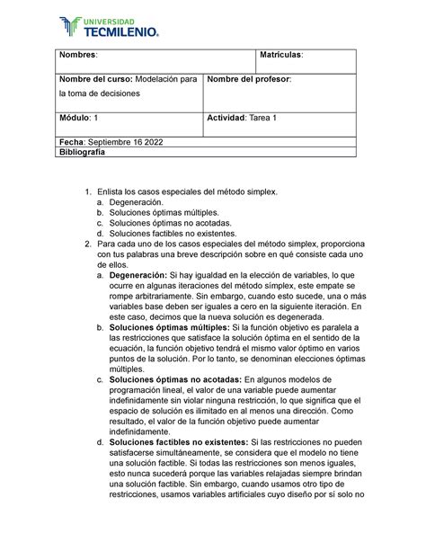 Tarea Mtd Nombres Matr Culas Nombre Del Curso Modelaci N Para