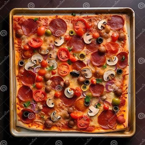 Square Pizza With Cheese Ham Salami Tomatoes Mushrooms Top View