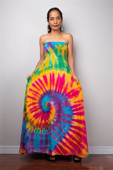 Tie Dye Hippie Style Dress Smocked Rainbow Dress Womens Handmade Festival Dress Rasm006