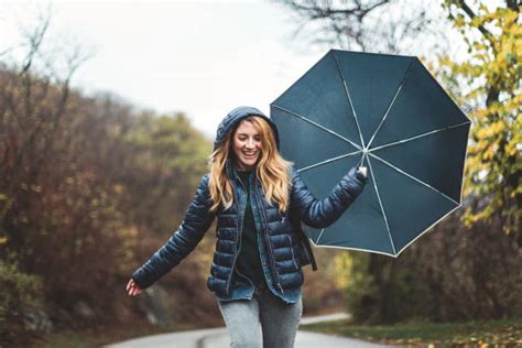 340 Wet Windy Winter Weather Blows Woman And Umbrella Away Stock