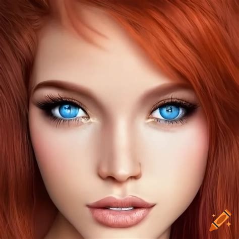 Hyperrealistic Portrait Of A Person With Red Hair And Blue Eyes On Craiyon