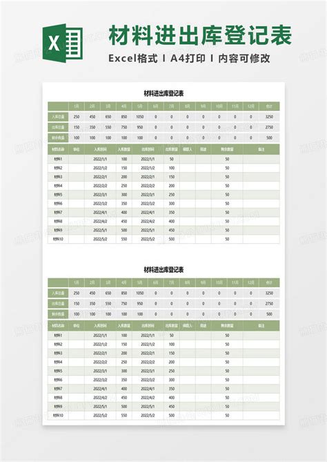 材料进出库登记表excel模板下载熊猫办公