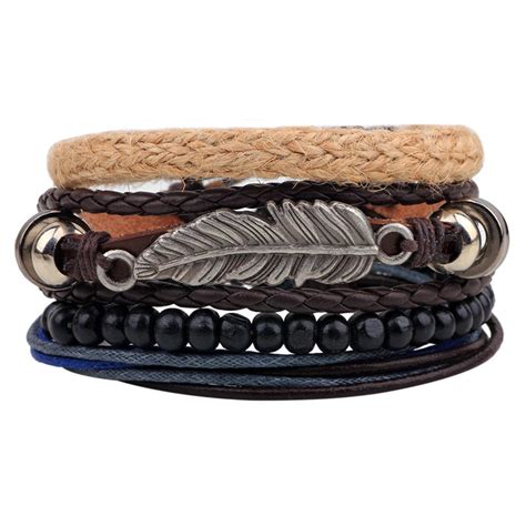 Vintage Multilayer Wood Beads Woven Leather Bracelet Leaf Pendant