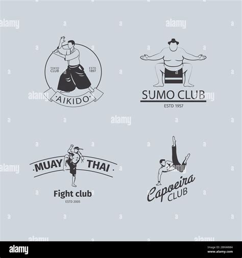 Fight Club Logo Or Mma Emblem Set Capoeira And Sumo Aikido And Thai