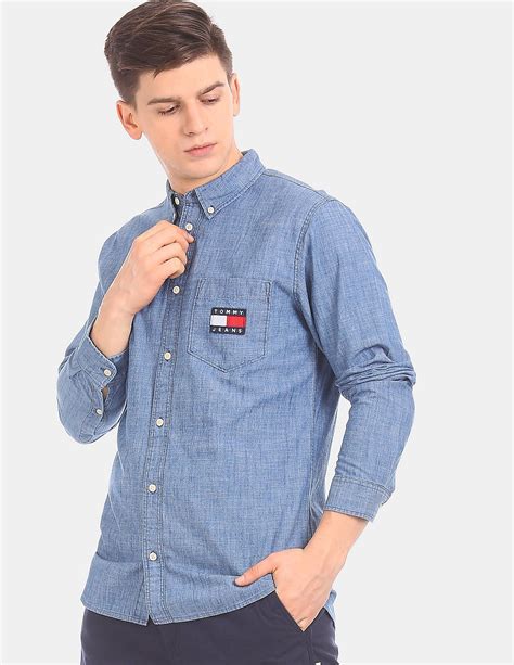 Buy Tommy Hilfiger Men Blue Long Sleeve Chambray Badge Casual Shirt