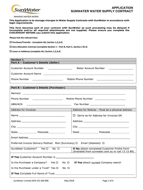 Fillable Online Application For Water Supply Contract Application For