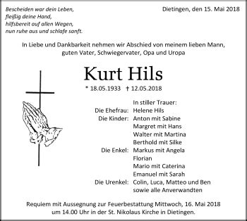 Traueranzeigen Von Kurt Hils Schwarzw Lder Bote Trauer