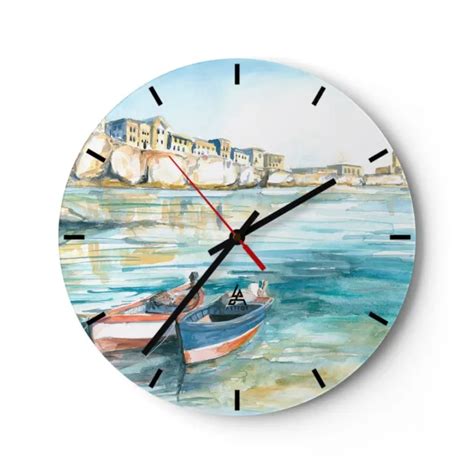 HORLOGE MURALE EN Verre 30x30cm Silencieuse Paysage Mer Bateau Wall