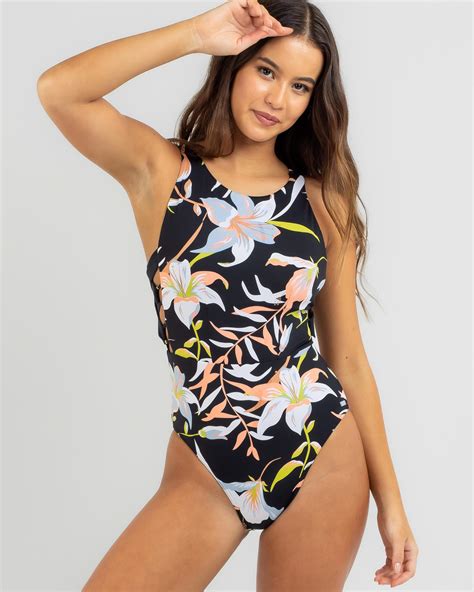 Shop Roxy Hibiscus Wave One Piece Swimsuit In Anthracite Hibiscus Wave