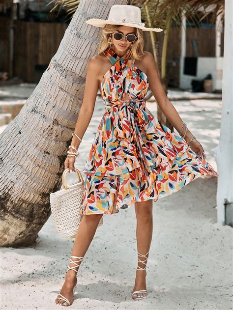 Shein Vcay Allover Print Belted Halter Dress Shein Usa