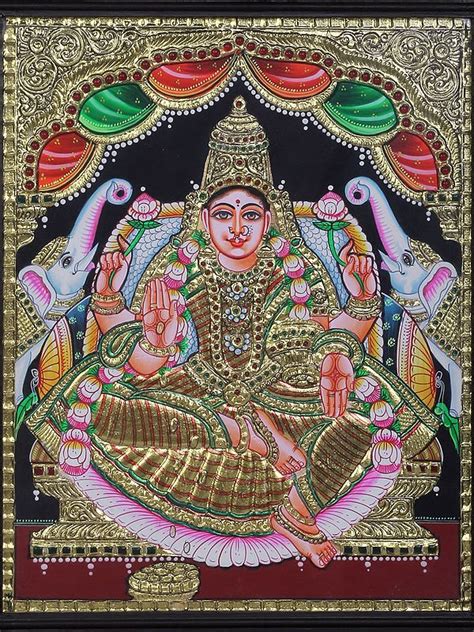 Goddess Gajalakshmi Tanjore Painting Traditional Colors With K Gold