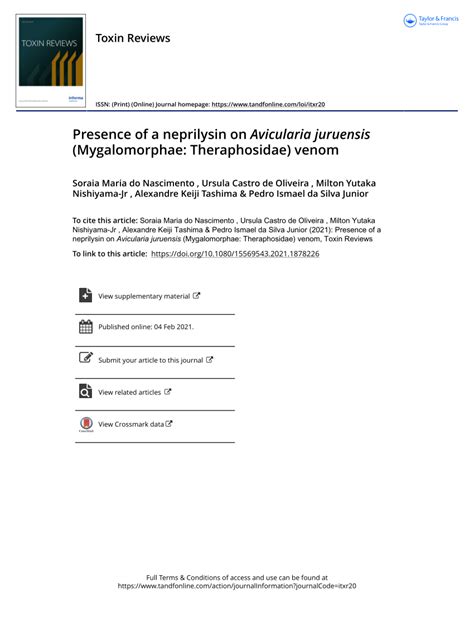 (PDF) Presence of a neprilysin on Avicularia juruensis (Mygalomorphae: Theraphosidae) venom