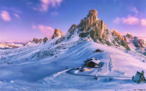 House on winter mountain at sunset HD wallpaper download