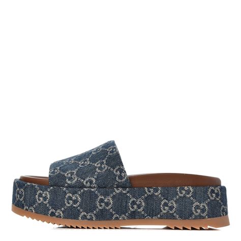 Gucci Denim Jacquard Gg Monogram Platform Slide Sandals 365 Dark Blue Ivory 786481 Fashionphile