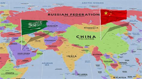 KSA, Kingdom of Saudi Arabia and China Flag Waving with The World Map, Seamless Loop in Wind, 3D ...