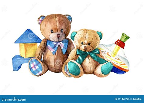 Hand Drawn Watercolor Composition Of Children`s Toys Stock Illustration