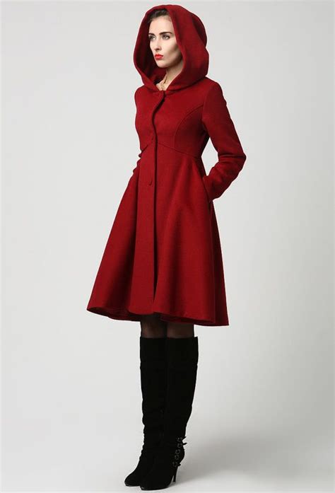 Womens Winter Single Breasted Wool Coat Red Swing Hooded Princess