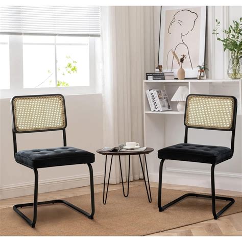 Colamy Mid Century Modern Pu Leather Velvet Rattan Dining Chairs Set