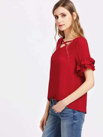 Criss Cross Layered Ruffle Sleeve Top Shein Sheinside