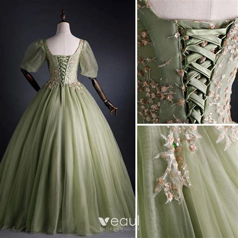 Elegant Sage Green Prom Dresses 2021 Ball Gown Square Neckline Pearl