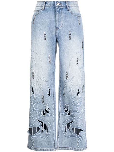 Feng Chen Wang Blue Phoenix Cut Out Wide Leg Jeans Browns