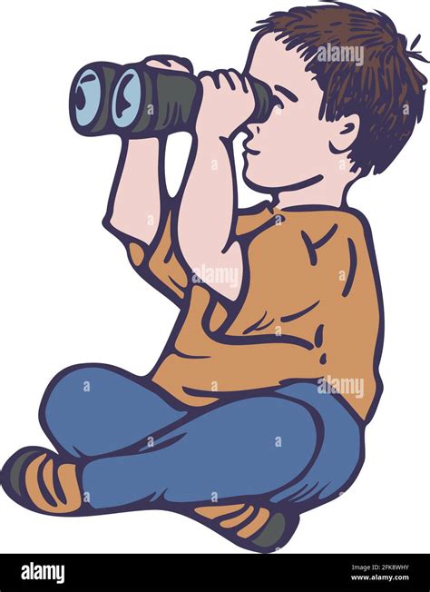 Vector Colorful Illustration Of Sitting Boy With Binoculars Little Boy