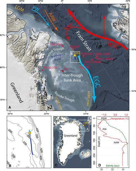 A. Map of northern Nordic Seas (see overview map in C) with location of ...