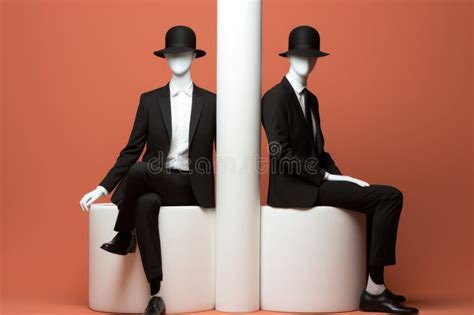 Two Mannequins Dressed In Suits And Hats Sitting On Pedestals