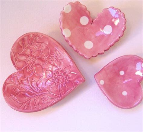 Pink Pottery Heart Dishes 3 Piece Set Polka Dot Ceramic Ring Dish Set Candleholder Soap Dish