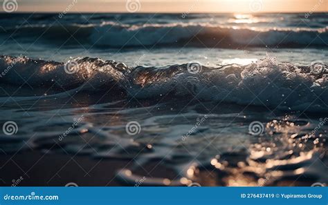 Sunset Surf Splashing On Tranquil Water Surface Generated By AI Stock