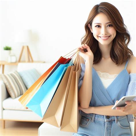 Cute Woman Holding Shopping Bags On Her Shoulders Premium Ai