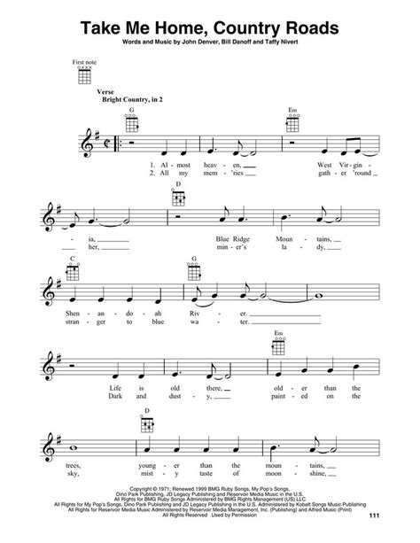 John Denver 'Take Me Home, Country Roads' Sheet Music | Download Printable PDF Chords & Score at ...