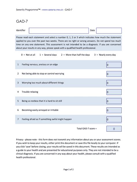 Gad 7 Generalised Anxiety Disorder Screening And Assessment Fill And