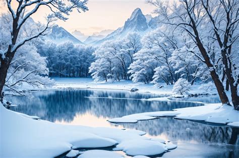 Premium AI Image | Frozen lake in the snow forest