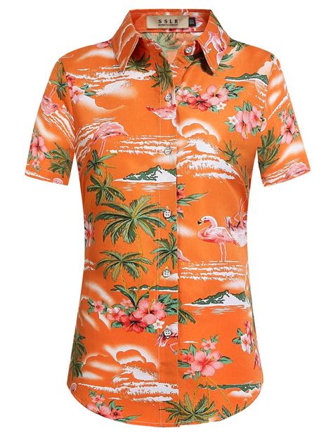 An Orange Hawaiian Shirt With Flamingos And Palm Trees On The Front