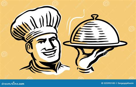 Chef With Tray Male Cook And Cloche Vector Illustration For Restaurant Or Cafe Menu Stock