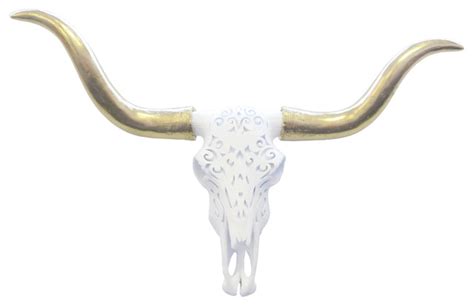 Faux Large Carved Texas Longhorn Skull Wall Decor, White and Gold ...