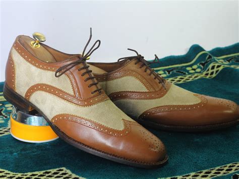 Handmade Men Brown Beige Wing Tip Brogue Shoes Men Leather Suede Lace Up Shoes Dress Shoes