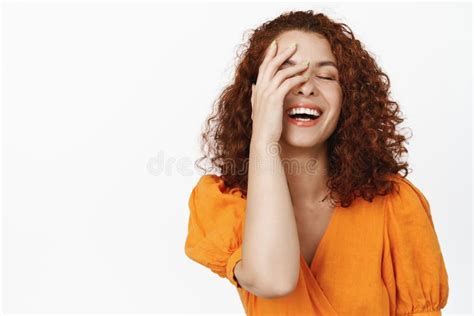 Skin Care Beauty Happy Redhead Female Model Laughing Touching Clean Natural Skin Without