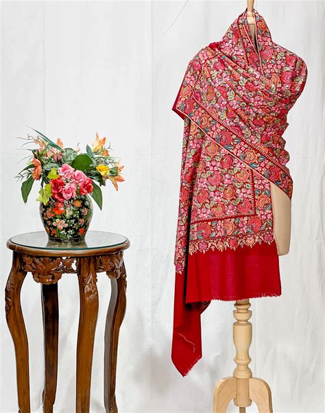 Maroon Pure Pashmina Shawl With Papier Mache Jama Hand Embroidery