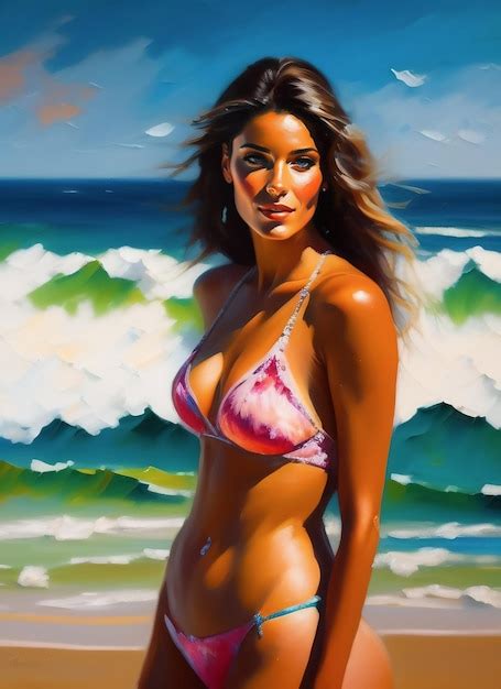 Una Pintura De Una Mujer En Bikini De Pie En La Playa Foto Premium