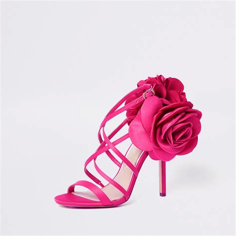 River Island Satin Flower Strappy Stiletto Heel Sandals In Pink Lyst