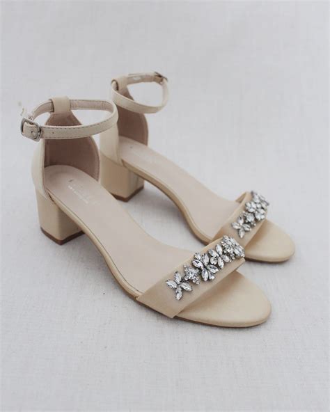 Champagne Satin Block Heel Sandals With Floral Rhinestones On Upper St