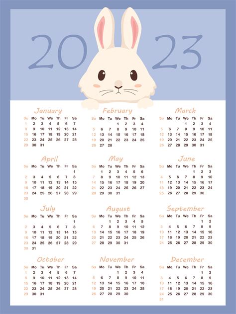 calendario 2023 con signo del zodiaco, año del conejo, con lindo conejo blanco de dibujos ...