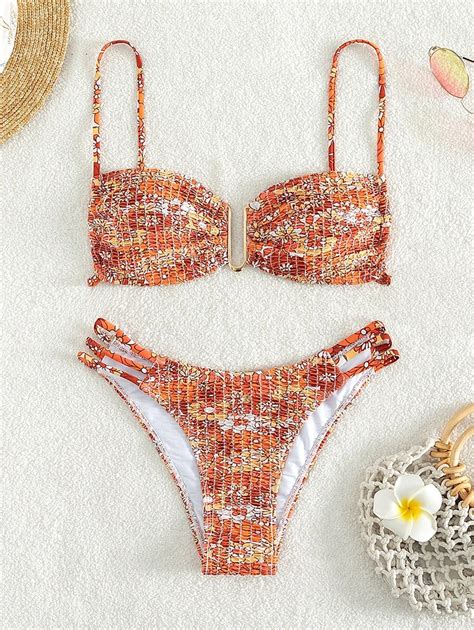 SHEIN Swim Summer Beach Floral Print Bikini Set V Wired Smocked Cami Bra Cheeky Bottom 2 Piece