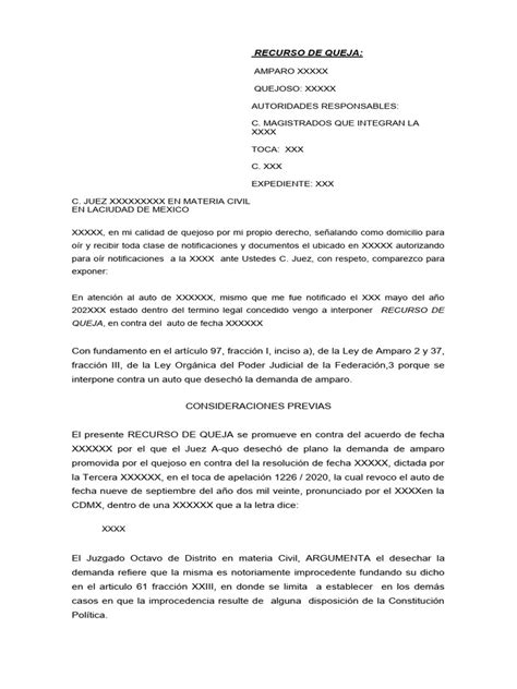 Ejemplo De Recurso De Queja Pdf Demanda Judicial Apelación